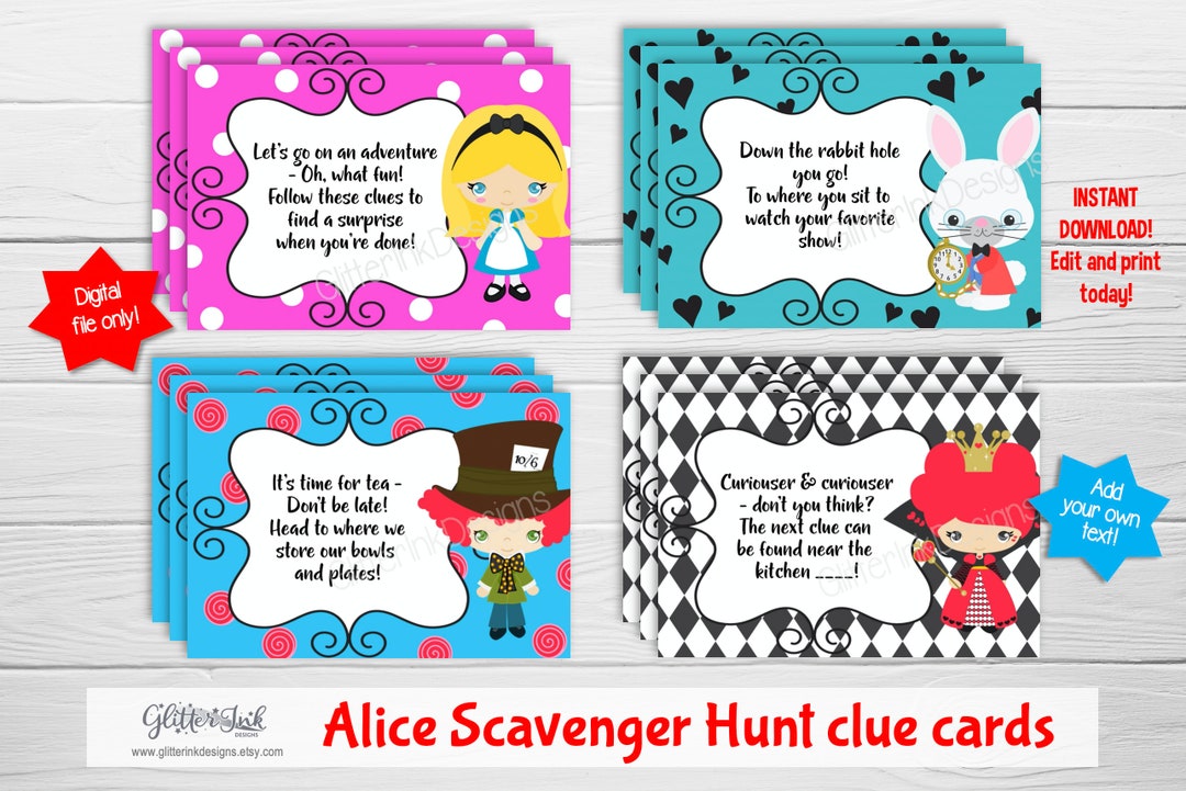 Alice in Wonderland Scavenger Hunt Clue Cards / Mad Hatter Tea Etsy