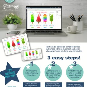May include: A digital download for a printable "Pop by" thank you card featuring four colorful popsicle designs. The card is editable using the Corjl online tool. The text on the card reads "Book Thank You Cards" and "Popping By".