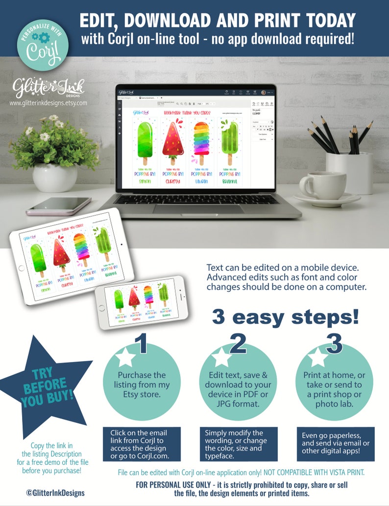 May include: A digital download for a printable "Pop by" thank you card featuring four colorful popsicle designs. The card is editable using the Corjl online tool. The text on the card reads "Book Thank You Cards" and "Popping By".