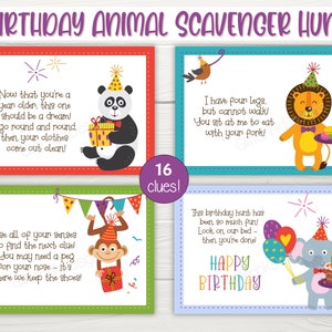 May include: A set of 16 printable cards for a birthday scavenger hunt. Each card features a different animal and a rhyming clue. The cards are colourful and feature a variety of animals, including a panda, a lion, a monkey, and an elephant. The cards are designed to be printed and used for a birthday party.