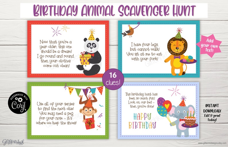 May include: A set of 16 printable cards for a birthday scavenger hunt. Each card features a different animal and a rhyming clue. The cards are colourful and feature a variety of animals, including a panda, a lion, a monkey, and an elephant. The cards are designed to be printed and used for a birthday party.