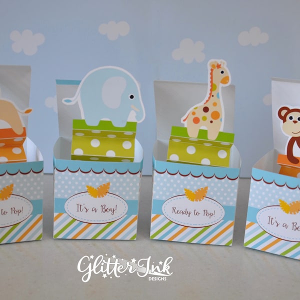 Jungle safari baby shower pop up favor box Jack in the Box animal zoo pdf printable toy - giraffe lion elephant monkey pastel blue baby boy