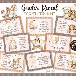 Gender reveal speurtocht-aanwijzingskaarten voor babyshower-partygames, neutrale afdrukbare speurtocht-aanwijzingen voor de kinderkamer