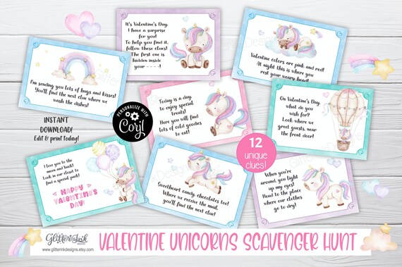 valentines day scavenger hunt clue cards valentines unicorn treasure hunt clues valentine unicorns scavenger hunt valentines day games by glitter ink designs catch my party