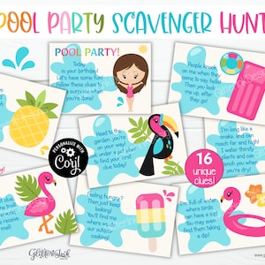 Sommerliche Schatzsuche Pool-Party druckbare Hinweiskarten, tropische Schatzsuche Hinweise für Kindergeburtstag mit Ananas Flamingo Tukan