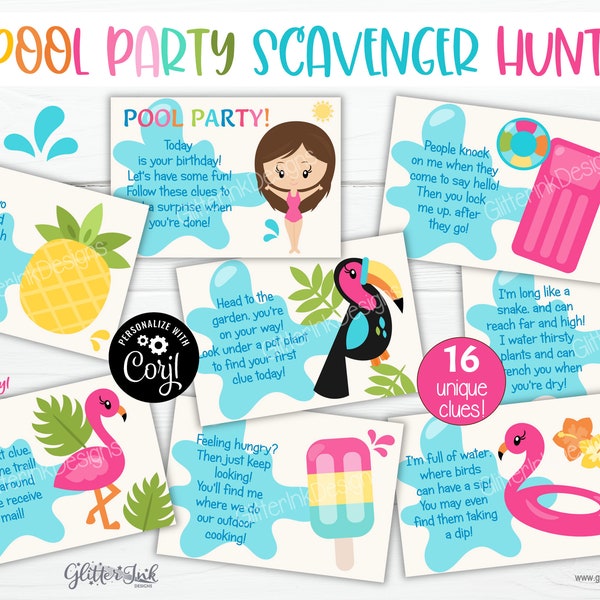 Toucan flamingo summer pool party kids treasure hunt clues / Tropical outdoor birthday scavenger hunt printable clue cards / Pineapple party