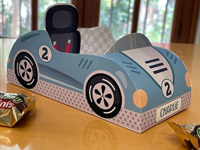 Race car birthday printable favor box / Papercraft racing car candy treat box / Two fast race car party favors Racing party car centerpiece image 5