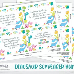 May include: A printable set of 8 dinosaur-themed scavenger hunt cards. Each card features a colorful dinosaur illustration and a rhyming clue. The cards are designed for a birthday party and include the text "Happy Birthday".