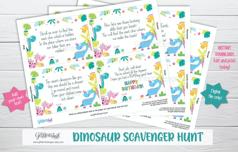 May include: A printable set of 8 dinosaur-themed scavenger hunt cards. Each card features a colorful dinosaur illustration and a rhyming clue. The cards are designed for a birthday party and include the text "Happy Birthday".