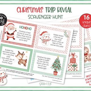 K&ouml;nnte beinhalten: Ein druckbares Weihnachts-Schnitzeljagd-Spiel mit 16 einzigartigen Hinweisen. Die Karten zeigen Illustrationen von Weihnachtsmann, Schneemann, Rentier, Weihnachtsbaum, Lebkuchenmann und einem Stapel Geschenke. Der Text auf den Karten enth&auml;lt Reime und Hinweise f&uuml;r die Schnitzeljagd.