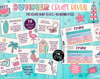 Búsqueda del tesoro con sorpresa para un viaje en crucero y entradas imprimibles / Pistas de búsqueda del tesoro para niños en vacaciones familiares de verano y tarjeta de embarque editable