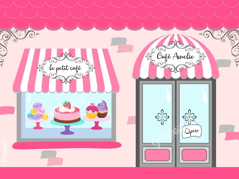 Paris party printable PERSONALIZED poster dessert table backdrop photo prop wall art French caf\u00e9 patisserie bakery cupcakes macaroons cake