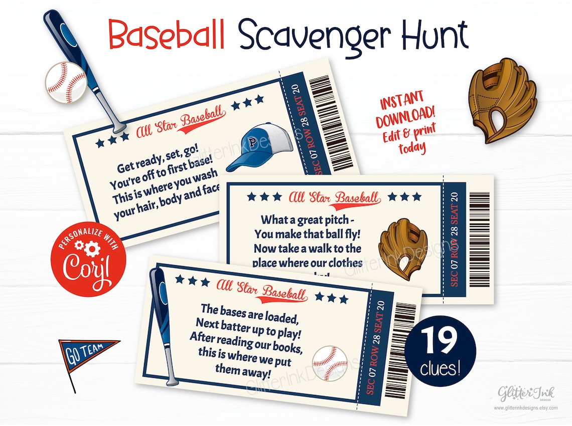 Baseball Game Reveal Scavenger Hunt and Editable Tickets, Birthday or ...