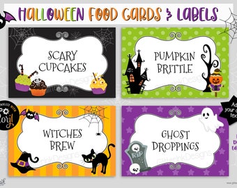 Halloween party food tent cards / Halloween printable treat bag toppers & candy jar labels / Halloween birthday editable guest place cards