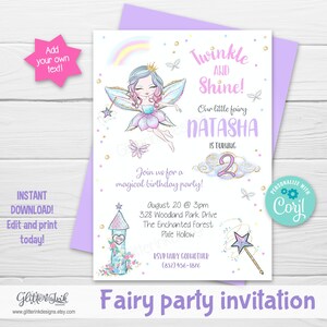 May include: A purple fairy party invitation with a whimsical illustration of a fairy with a rainbow and a castle. The text reads "Twinkle and Shine! Our little fairy Natasha is turning 2. Join us for a magical birthday party!"