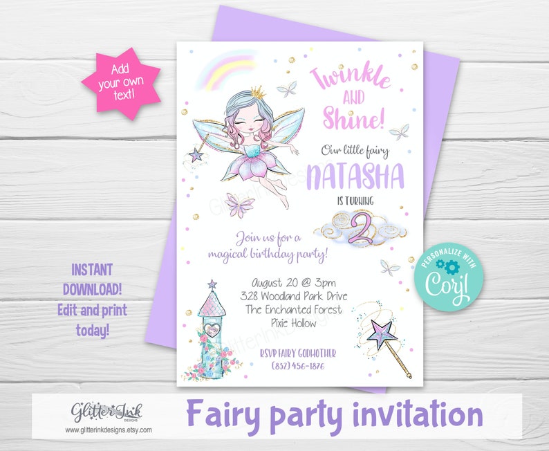 May include: A purple fairy party invitation with a whimsical illustration of a fairy with a rainbow and a castle. The text reads "Twinkle and Shine! Our little fairy Natasha is turning 2. Join us for a magical birthday party!"