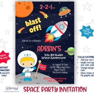 Outer space party printable invitation / Boy astronaut party invitation / Spaceship party invitation / Rocket invitation - edit with Corjl