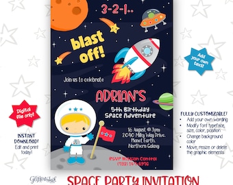 May include: A space-themed birthday party invitation for a 5-year-old boy named Adrian. The invitation features a cartoon astronaut, a rocket ship, a UFO, and a planet. The text on the invitation reads "3-2-1.. blast off! Join us to celebrate Adrian's 5th Birthday Space Adventure. 16 August @ 3pm 2040 Milky Way Drive. Planet Earth. Northern Galaxy. RSVP Mission Control (732) 14-7-8976. Space Party Invitation."