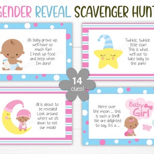 Gender Reveal Scavenger Hunt / Gender Reveal Treasure Hunt Clues ...