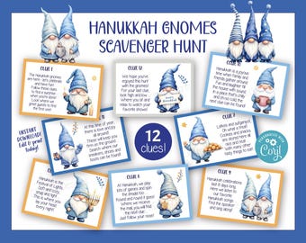 Hanukkah gnomes scavenger hunt clue cards, Jewish Festival of Lights kids treasure hunt, Chanukah family party games