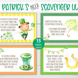 Op de afbeelding: Een set van 15 afdrukbare St. Patrick's Day speurtochtkaarten met groene, gele en oranje achtergronden. De kaarten bevatten illustraties van een kabouter, een klavertjevier, een hoefijzer en een groene hoed. De tekst op de kaarten bevat aanwijzingen voor de speurtocht.