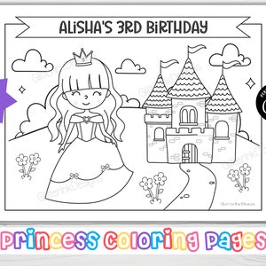 May include: A black and white printable coloring page featuring a princess in a dress and a castle. The text "ALISHA'S 3RD BIRTHDAY" is at the top of the page. The text "princess coloring pages" is at the bottom of the page.