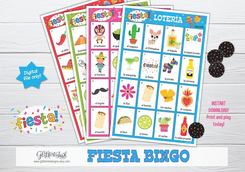 Fiesta mexicana Cinco de Mayo bingo Mexican fiesta party game Loteria mexicana Mexican party activity learn Spanish fun memory game