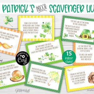 Op de afbeelding: Vijftien printbare kaarten met groene klaver- en gouden munt-illustraties voor een St. Patrick's Day-speurtocht. De kaarten bevatten instructies zoals "Stuur je grote knuffels en Ierse kusjes" en "Aan het einde van de regenboog vind je een pot goud".