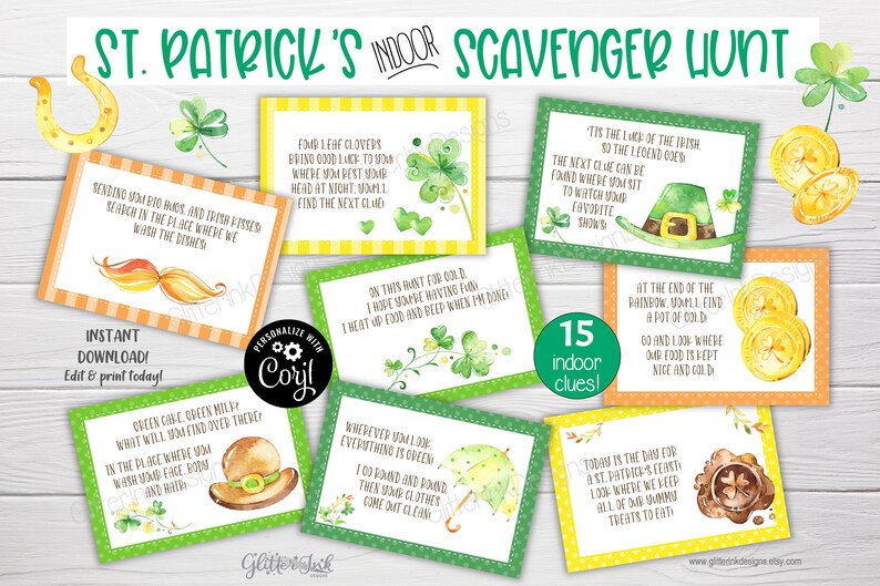Op de afbeelding: Vijftien printbare kaarten met groene klaver- en gouden munt-illustraties voor een St. Patrick's Day-speurtocht. De kaarten bevatten instructies zoals "Stuur je grote knuffels en Ierse kusjes" en "Aan het einde van de regenboog vind je een pot goud".