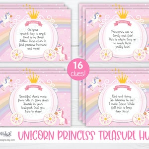 Prinzessin Party druckbare Schatzsuche Hinweise, Märchen Einhorn Schnitzeljagd Partyspiel