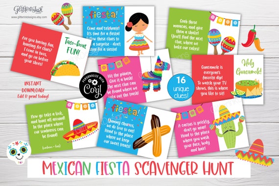Mexican fiesta scavenger hunt for kids / Taco Tuesday birthday treasure hunt clues / Mexico theme printable fiesta family party games Il_570xn