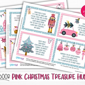 May include: Pink and blue Christmas treasure hunt game with 15 clues. The clues are printed on cards with illustrations of Christmas decorations, a nutcracker, a car, and a Christmas tree. The text on the cards includes rhymes and riddles.