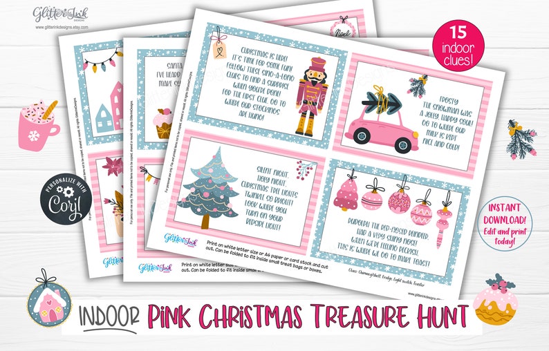 May include: Pink and blue Christmas treasure hunt game with 15 clues. The clues are printed on cards with illustrations of Christmas decorations, a nutcracker, a car, and a Christmas tree. The text on the cards includes rhymes and riddles.