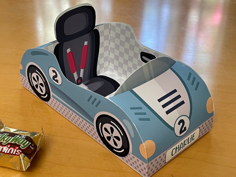 Race car birthday printable favor box / Papercraft racing car candy treat box / Two fast race car party favors Racing party car centerpiece image 3