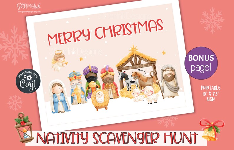 May include: A printable Christmas nativity scavenger hunt sign with a watercolor illustration of the nativity scene. The sign is 10 inches by 7.5 inches and features a colorful illustration of Mary, Joseph, baby Jesus, the three wise men, and the animals.