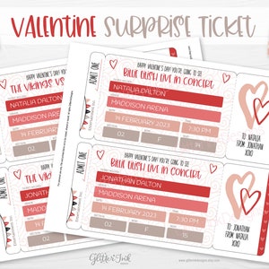 May include: Printable Valentine's Day ticket template with a pink and red heart design. The ticket says "Happy Valentine's Day you're coming to see Billie Eilish Live in Concert". The ticket is personalized with the name "Natalia Dalton" and the date "14 February 2023".