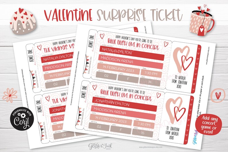 May include: Printable Valentine's Day ticket template with a pink and red heart design. The ticket says "Happy Valentine's Day you're coming to see Billie Eilish Live in Concert". The ticket is personalized with the name "Natalia Dalton" and the date "14 February 2023".