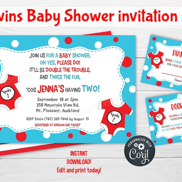 Twins baby shower invitation set with diaper raffle and book request cards / Printable baby invite for twin girls or  boys