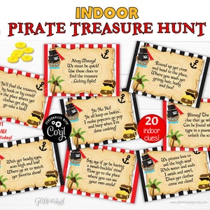 Caça ao tesouro pirata INTERNA com pistas editáveis para aniversário de crianças, cartões de pistas imprimíveis de caça ao tesouro pirata para jogo de festa em ambientes fechados