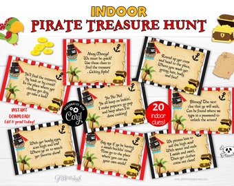 Indoor Pirate scavenger hunt / Pirate party kids treasure hunt clues / Printable Pirate birthday party game / Digital download edit on Corjl