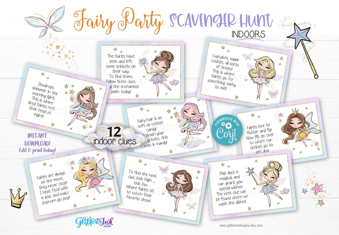 Fairy Scavenger Hunt Indoors / Fairy Party Kids Treasure Hunt Clues ...