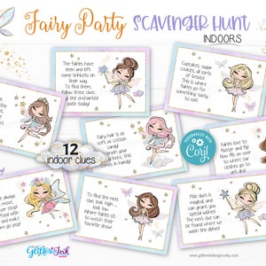 Schede con indizi stampabili per la caccia al tesoro delle fate al chiuso, indizi per la caccia al tesoro per bambini per feste delle fate, gioco di compleanno delle fate del giardino incantato modificabile