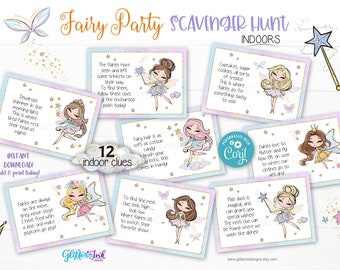 Indoor Fairy scavenger hunt clue cards / Fairy party kids treasure hunt clues / Enchanted garden fairies birthday printable game editable