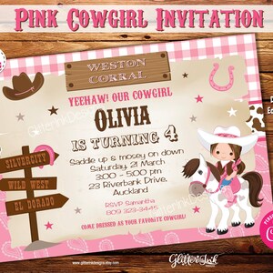May include: A pink and brown cowgirl themed birthday party invitation with a pink and white gingham background. The invitation reads "Yeehaw! Our Cowgirl Olivia is turning 4". The invitation includes details for the party, including the date, time, and location. It also includes a picture of a cowgirl riding a horse.