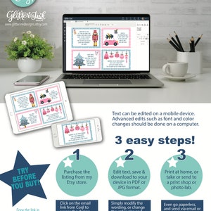 May include: A digital design template for printable Christmas gift tags. The tags feature a pink and blue color scheme with illustrations of a nutcracker, a car with a Christmas tree, and ornaments. The text on the tags reads "Merry Christmas" and "Happy Holidays". The image also shows a laptop screen with the Corjl design editor, highlighting the ability to customize the tags with text and colors.