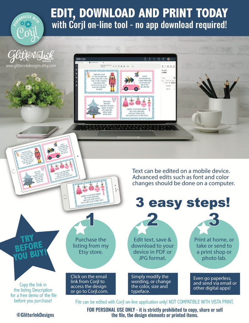 May include: A digital design template for printable Christmas gift tags. The tags feature a pink and blue color scheme with illustrations of a nutcracker, a car with a Christmas tree, and ornaments. The text on the tags reads "Merry Christmas" and "Happy Holidays". The image also shows a laptop screen with the Corjl design editor, highlighting the ability to customize the tags with text and colors.