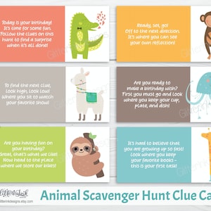 Cartões de dicas de caça ao tesouro de safári na selva animal / Dicas de caça ao tesouro de aniversário para crianças / Jogo de festa de aniversário para impressão - ao ar livre e interno
