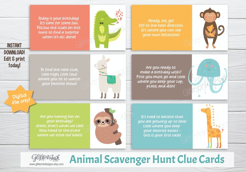 May include: A set of ten colorful printable cards featuring animal illustrations and clues for a scavenger hunt. The cards are designed for a birthday party and include phrases like "Ready, set, go!" and "It's time for some fun."