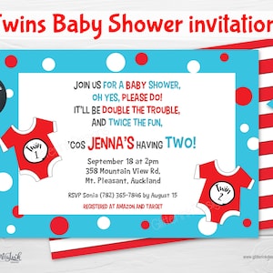 May include: A blue and red baby shower invitation with white polka dots. The invitation features a red and white striped background and the text "Twins Baby Shower invitation". The invitation also features two red onesies with the text "Twin 1" and "Twin 2" on them. The invitation includes the text "'cos Jenna's having Two!" and the date and time of the shower. The invitation also includes the text "RSVP Sonia (782) 365-7846 by August 15" and "REGISTERED AT AMAZON AND TARGET".