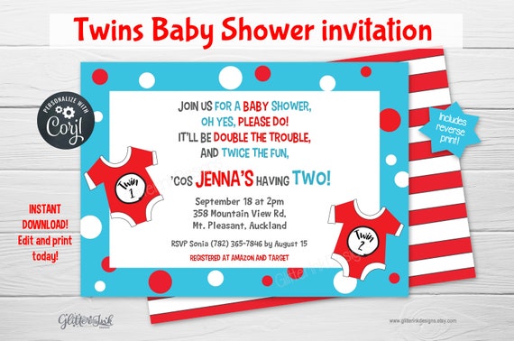 Twins baby shower invitation / Baby shower boy invitation / Baby shower girl invitation / Double the trouble printable invitation Il_570xn